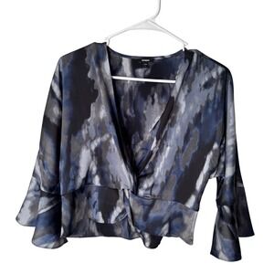 Express Blue Gray Abstract Watercolor Twist Front Bell Sleeve Satin Blouse S